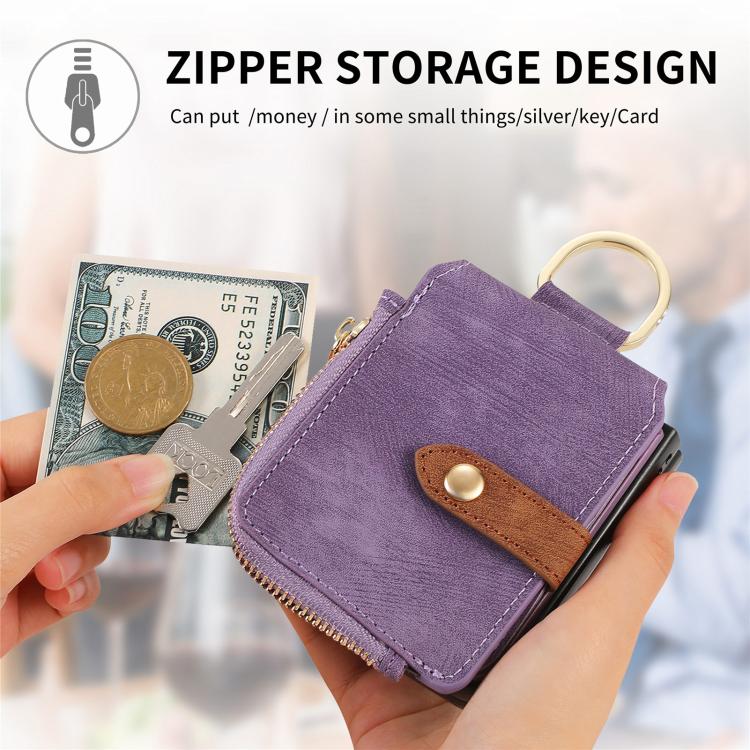 Funda tipo cartera con cremallera vertical y anillo retro para Samsung Galaxy Z Flip 7 5G (morado)