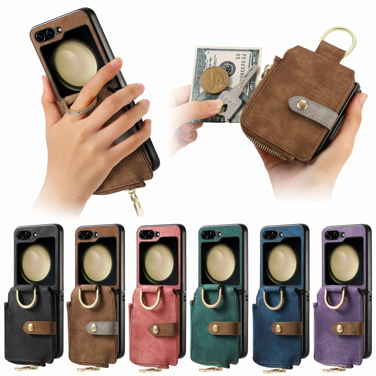 Funda tipo cartera con cremallera vertical y anillo retro para Samsung Galaxy Z Flip 7 5G (marrón)