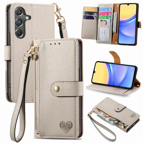 Funda para Teléfono Samsung Galaxy A15 Love Zipper Lanyard Cuero (Gris)