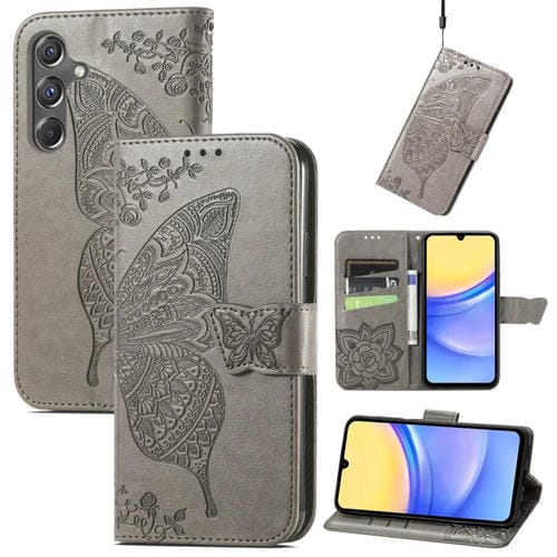 Funda para Teléfono Samsung Galaxy A15 Cuero Relieve Flor de Amor y Mariposa (Gris)
