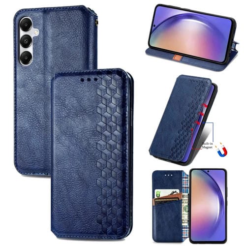 Funda para Teléfono Samsung Galaxy A55 5G Cuero Magnético Prensado Rejilla Cúbica (Azul)