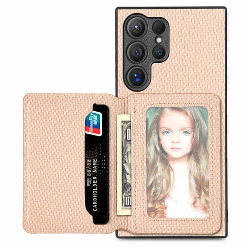 Funda para Teléfono Samsung Galaxy S24 Ultra 5G con Billetera Tarjeta Magnética Fibra de Carbono Bloqueo Rfid (Caqui)