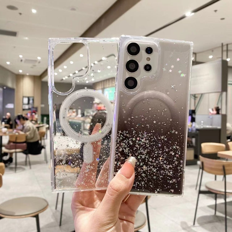 Funda híbrida de TPU transparente con purpurina y MagSafe para Samsung Galaxy S25+ 5G (morada)