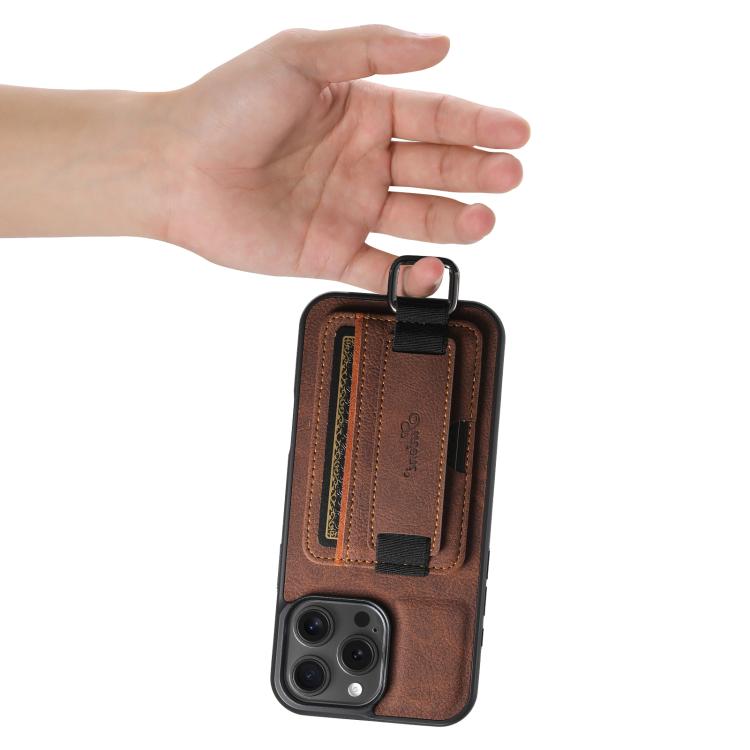 Funda para iPhone 16E Suteni H13 con Correa de Muñeca Cuero de Lichi (Marrón)