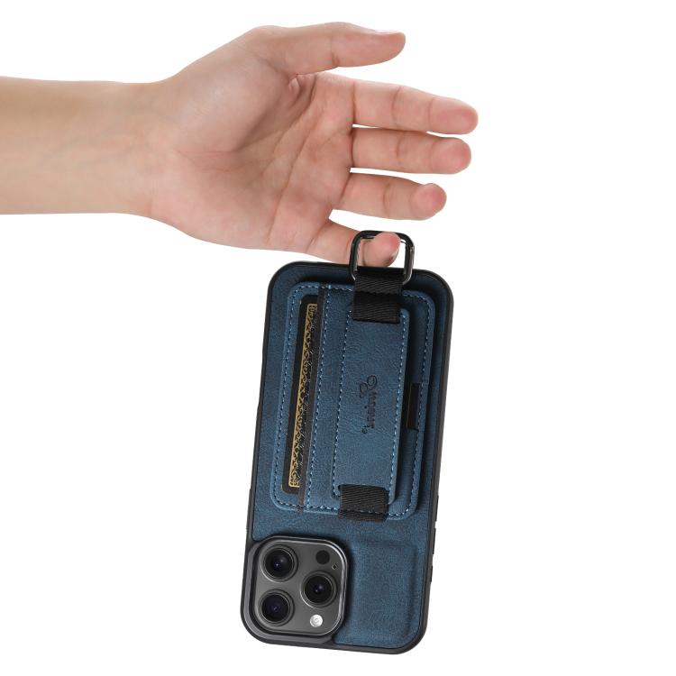 Funda para iPhone 16E Suteni H13 con Correa de Muñeca de Cuero de Lichi (Azul)