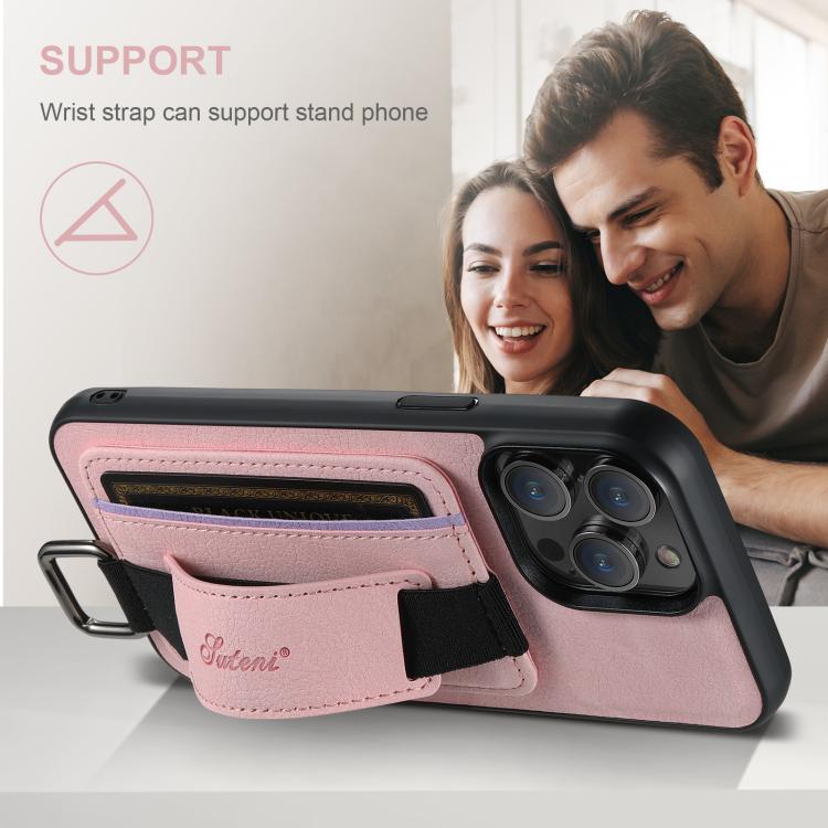 Funda para iPhone 16E Suteni H13 con Correa de Muñeca de Cuero de Lichi (Rosa)