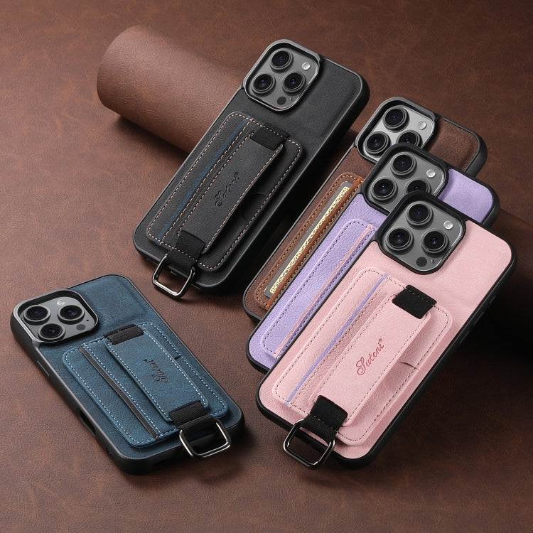 Funda para iPhone 16E Suteni H13 con Correa de Muñeca Cuero de Lichi (Morado)