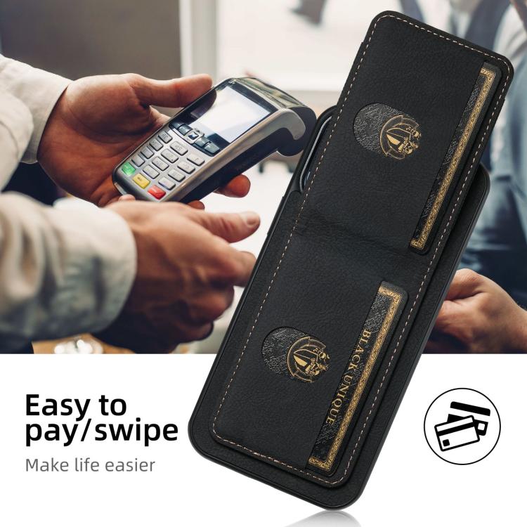 Funda para iPhone 16E Suteni H03 con Tarjetero de Piel de Lichi y Atril (Negra)