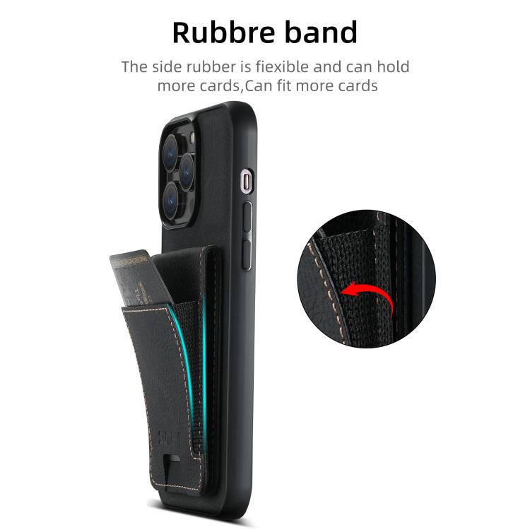 Funda para iPhone 16E Suteni H03 con Tarjetero de Piel de Lichi y Atril (Negra)