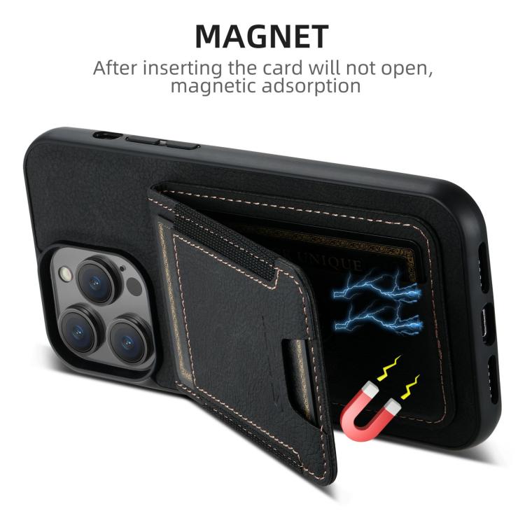 Funda para iPhone 16E Suteni H03 con Tarjetero de Piel de Lichi y Atril (Negra)