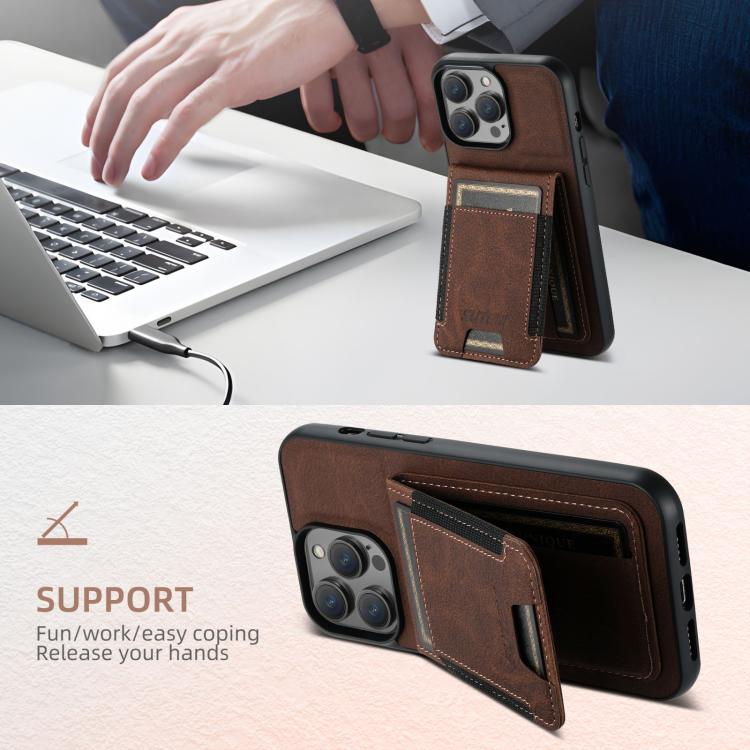 Funda para iPhone 16E Suteni H03 Piel de Lichi TaRJetero y Atril (Marrón)