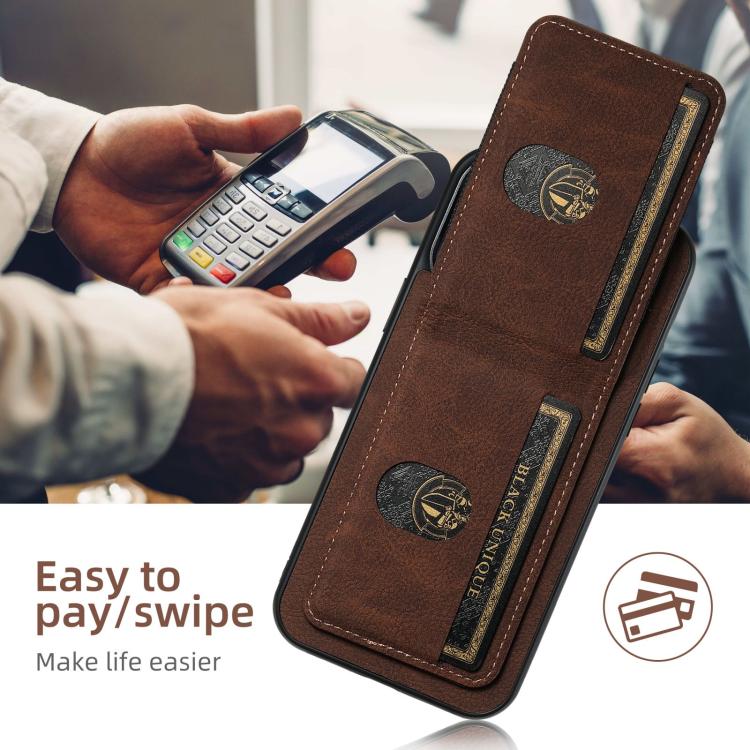 Funda para iPhone 16E Suteni H03 Piel de Lichi TaRJetero y Atril (Marrón)
