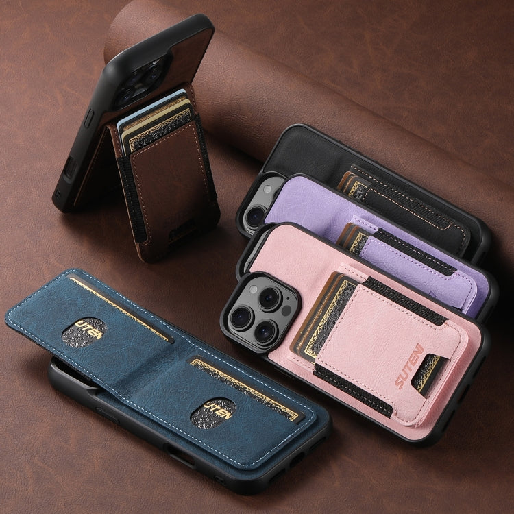 Funda para iPhone 16E Suteni H03 TaRJetero Piel de Lichi Parte Trasera Soporte (Azul)
