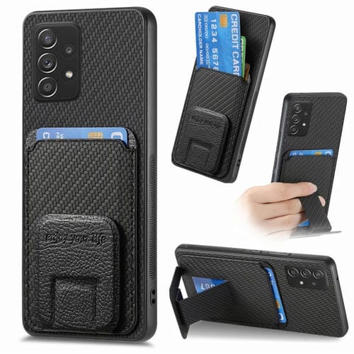 Funda para Teléfono Samsung Galaxy A52 con Soporte Plegable y Bolsa para Tarjetas de Fibra de Carbono (Negro)
