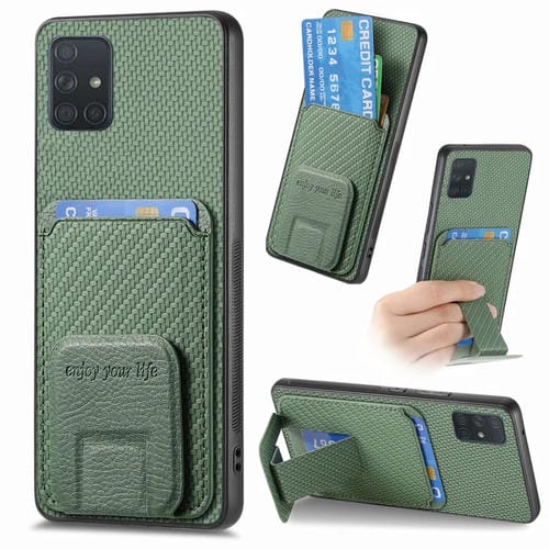 Funda para Teléfono Samsung Galaxy A71 con Soporte Plegable y Bolsa para Tarjetas de Fibra de Carbono (Verde)