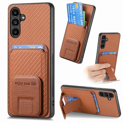 Funda para Teléfono Samsung Galaxy A14 4G / 5G con Soporte Plegable y Bolsa para Tarjetas de Fibra de Carbono (Marrón)