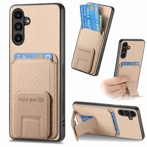 Funda para Teléfono Samsung Galaxy A14 4G 5G con Soporte Plegable y Bolsa para Tarjetas Fibra de Carbono (Caqui)