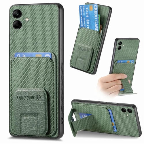 Funda para Teléfono Samsung Galaxy A04E con Soporte Plegable y Bolsa para Tarjetas Fibra de Carbono (Verde)