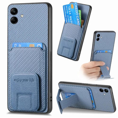Funda para Teléfono Samsung Galaxy A05 con Soporte Plegable y Bolsa para Tarjetas de Fibra de Carbono (Azul)