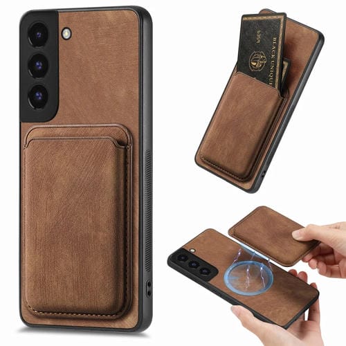 Funda de teléfono Samsung Galaxy S22 + 5G magnética con bolsa de tarjeta de cuero retro (Marrón)