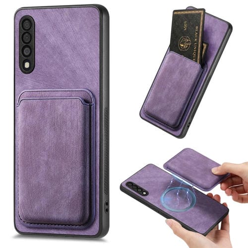 Funda de teléfono Samsung Galaxy A50S magnética con bolso de tarjeta de cuero retro (Púrpura)