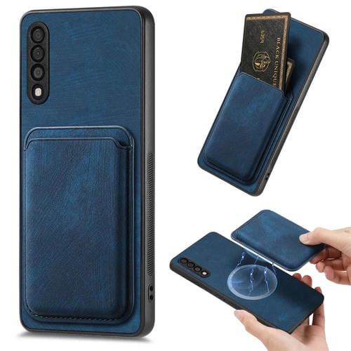 Funda de Teléfono Samsung Galaxy A50S Magnética con Bolso de Tarjeta de Cuero Retro (Azul)