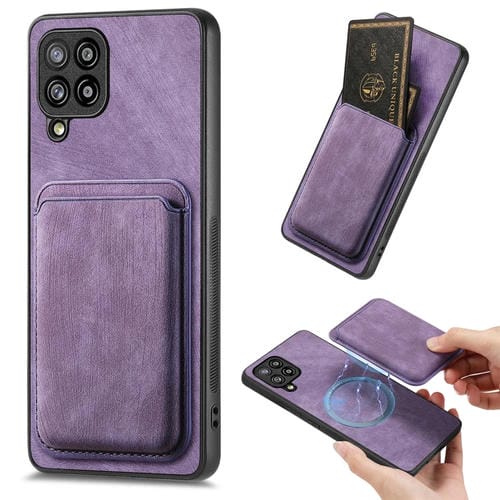 Funda de Teléfono Samsung Galaxy A42 5G Magnética con Bolsa de Tarjeta Cuero Retro (Púrpura)