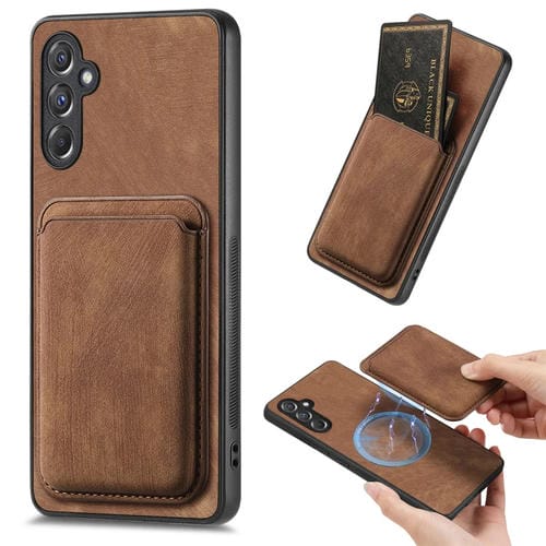 Funda de teléfono Samsung Galaxy A15 Magnética con bolso de tarjeta de cuero retro (Marrón)
