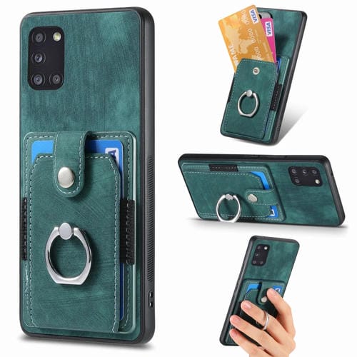 Funda para Teléfono Samsung Galaxy A31 con Billetera, Tarjeta y Anillo con Sensación de Piel Retro (Verde)