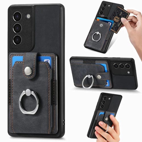 Funda para Teléfono Samsung Galaxy S21 5G con Billetera y Tarjeta con Anillo Sensación de Piel Retro (Negro)