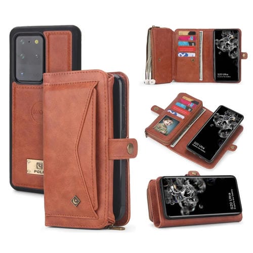 Funda de Cuero Samsung Galaxy S20 Ultra con Billetera y Cremallera Multifuncional (Naranja)