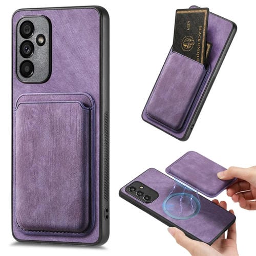 Funda de Teléfono Samsung Galaxy A35 5G Magnética con Bolsa de Tarjeta de Cuero Retro (Púrpura)