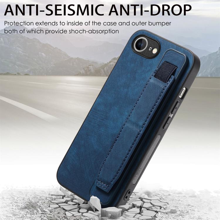 Funda de Cuero para iPhone 16E con Parte Trasera y Soporte para Pulsera (Azul)