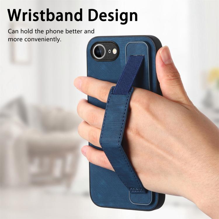 Funda de Cuero para iPhone 16E con Parte Trasera y Soporte para Pulsera (Azul)