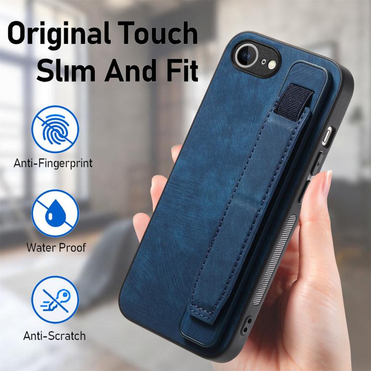 Funda de Cuero para iPhone 16E con Parte Trasera y Soporte para Pulsera (Azul)