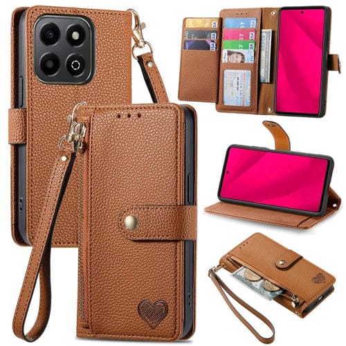 Funda de Cuero Smart Love con Cordón y Cremallera para Honor 200 (Marrón)