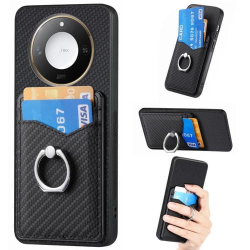Funda para Teléfono Honor X60 con Anillo y Billetera Fibra de Carbono (Negro)