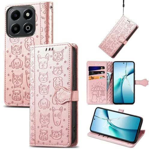 Funda de Cuero Honor 200 con Relieve de Gato y Perro para Teléfono Inteligente (Oro Rosa)