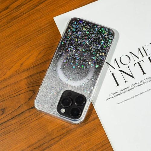 Funda MagSafe con purpurina y estrellas para iPhone 16 (negro degradado)
