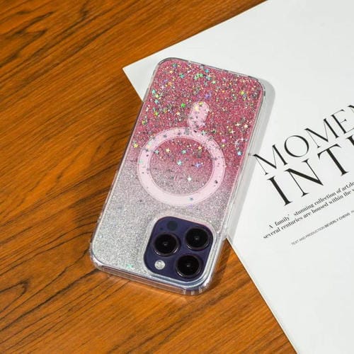 Funda MagSafe con purpurina y estrellas para iPhone 16 (rosa degradado)