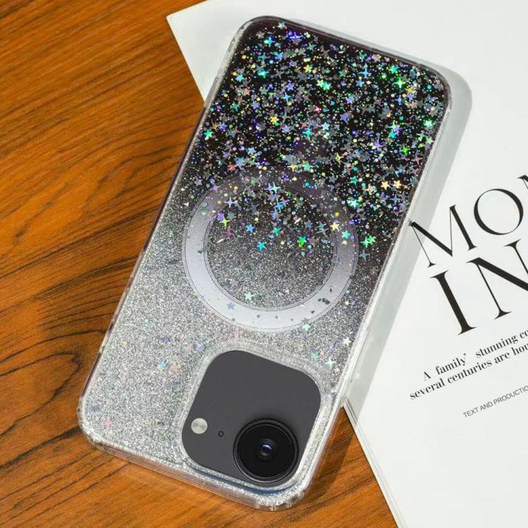 Funda MagSafe con purpurina y estrellas para iPhone 16e (negro degradado)