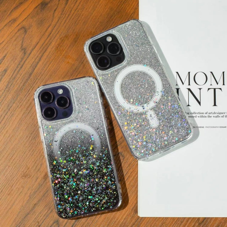 Funda MagSafe con purpurina degradada y estrellas para iPhone 16 Plus (negro degradado)