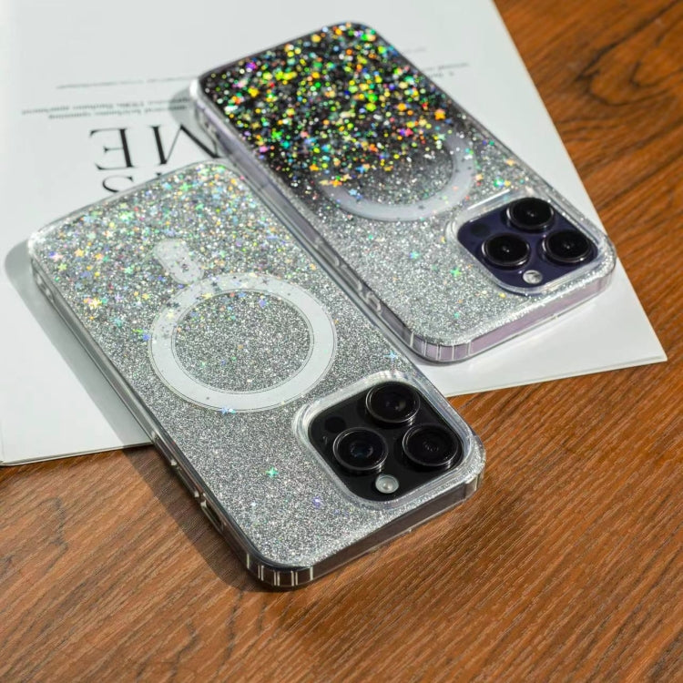 Funda MagSafe con purpurina degradada y estrellas para iPhone 16 Plus (negro degradado)