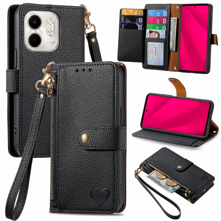 Funda de Cuero con Cordón y Cremallera para Teléfono Infinix Smart 9 Love (Negro)