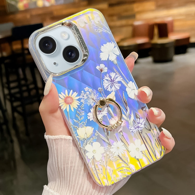 Caja de teléfono TPU para iPhone 15 con soporte de anillo de flor láser (Crisantemo Ah5) - MOVILSTORE