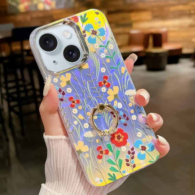 Caja de teléfono TPU para iPhone 15 con soporte de anillo y flor láser de galvanoplastia (Flor Ah6) - MOVILSTORE