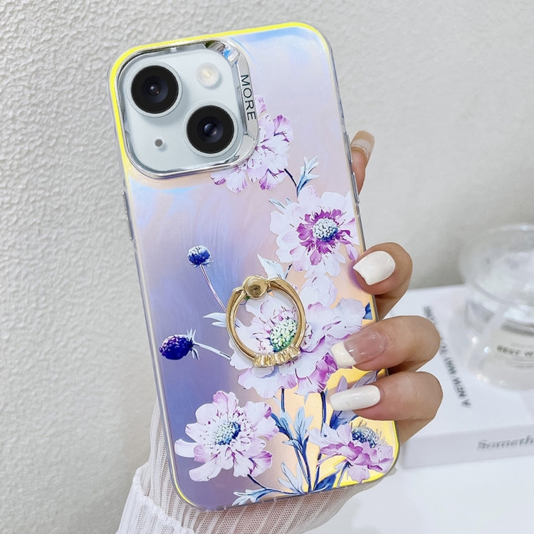Caja de teléfono TPU para iPhone 15 con soporte de anillo flor láser de galvanoplastia (Zinnia Ah9) - MOVILSTORE