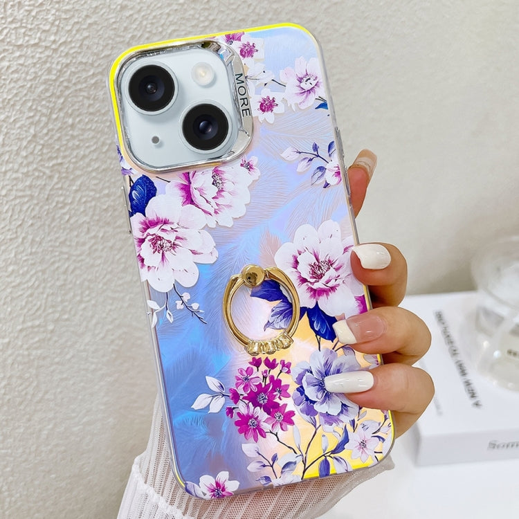Caja de Teléfono TPU para iPhone 15 con Soporte de Anillo de Flor Láser de Galvanoplastia (Peony Ah11) - MOVILSTORE