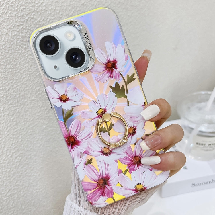 Caja de Teléfono TPU para iPhone 15 con Soporte de Anillo y Flor Láser de Galvanoplastia (Cosmos Flower Ah7) - MOVILSTORE