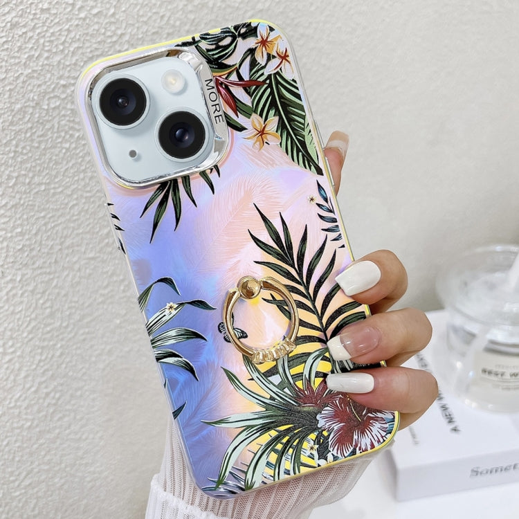 Caja de Teléfono TPU para iPhone 15 con Soporte de Anillo y Diseño de Flor Láser de Galvanoplastia (Hojas Ah12) - MOVILSTORE